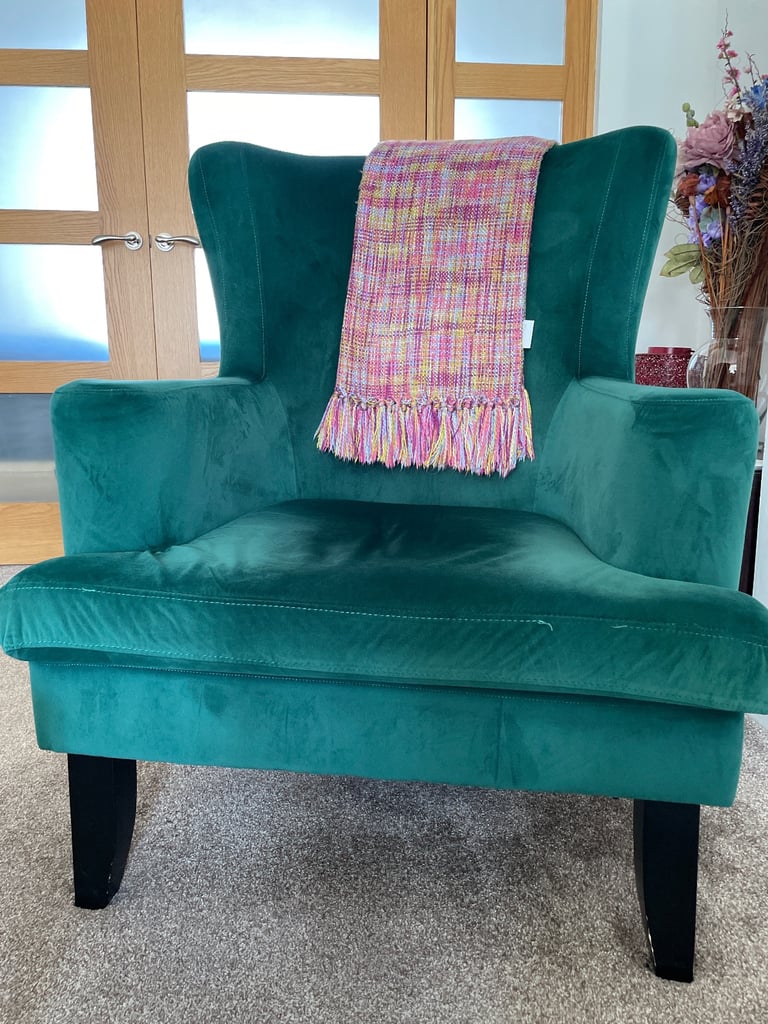 Jade green armchair, velvet feel, high back, 