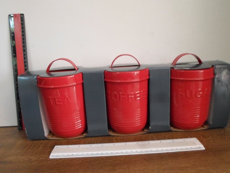 Red metal starage containers. set of three. new