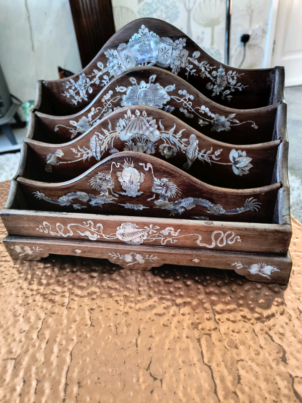 Antique Chinese mahogany mother of pearl inlaid letter rack stand 