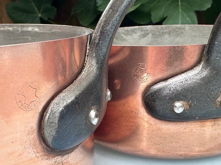 VINTAGE FRENCH COPPER PANS, SET OF FOUR LINED SAUCEPANS, 18-12cm - FABRICATION FRANCAIS - WILL POST!