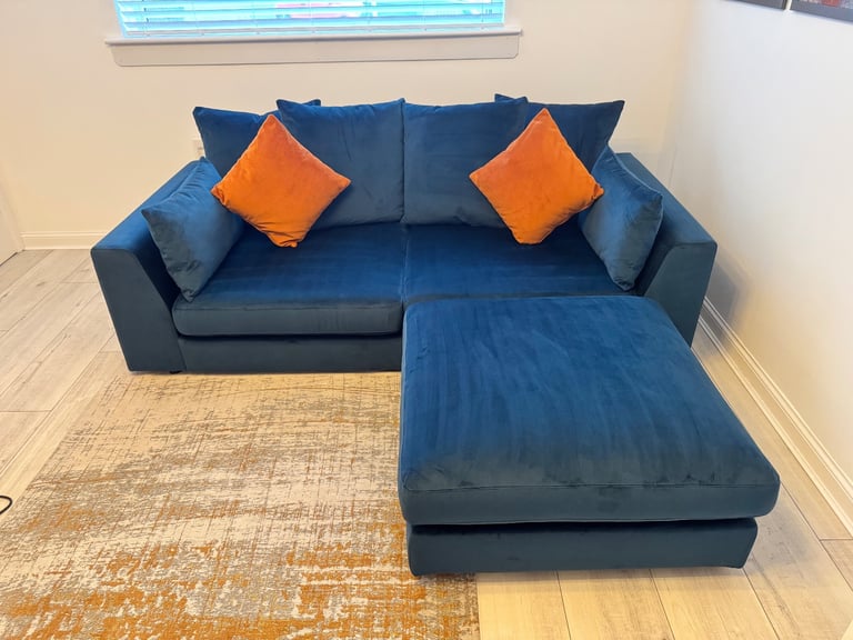 Plush Velvet Dark Blue Pillow Back 3 Seater Sofa, Large Dark Blue Footstool and Orange Accent Chair
