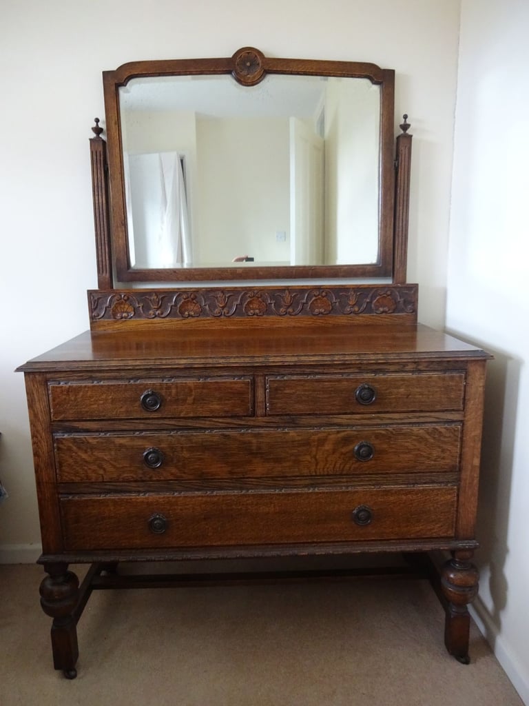 ANTIQUE OAK DRESSING TABLE & CARVED UPSTAND WITH REMOVEABLE MIRROR