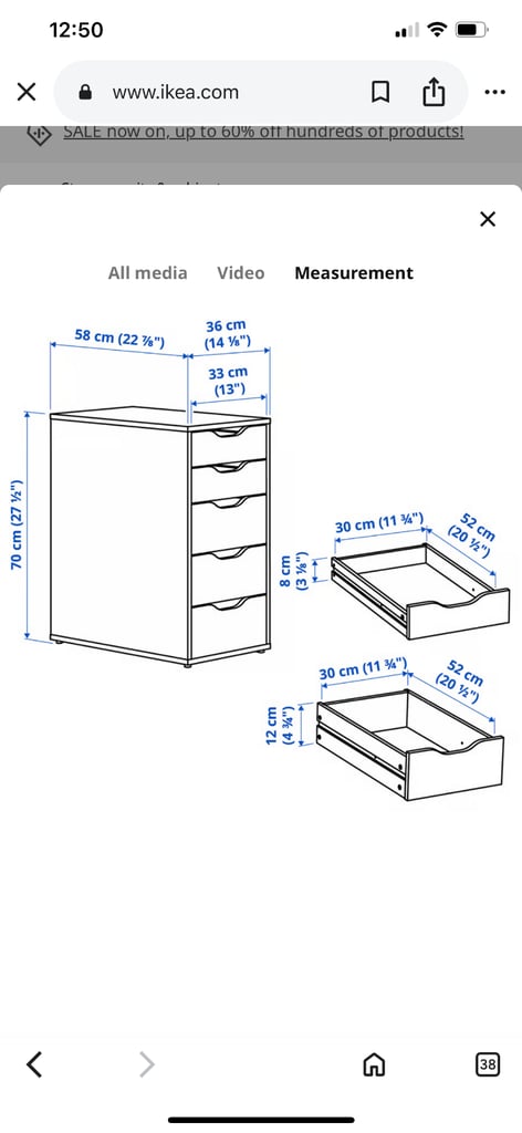 IKEA Alex Drawer Unit, File White, 36x70cm, 5-Drawer