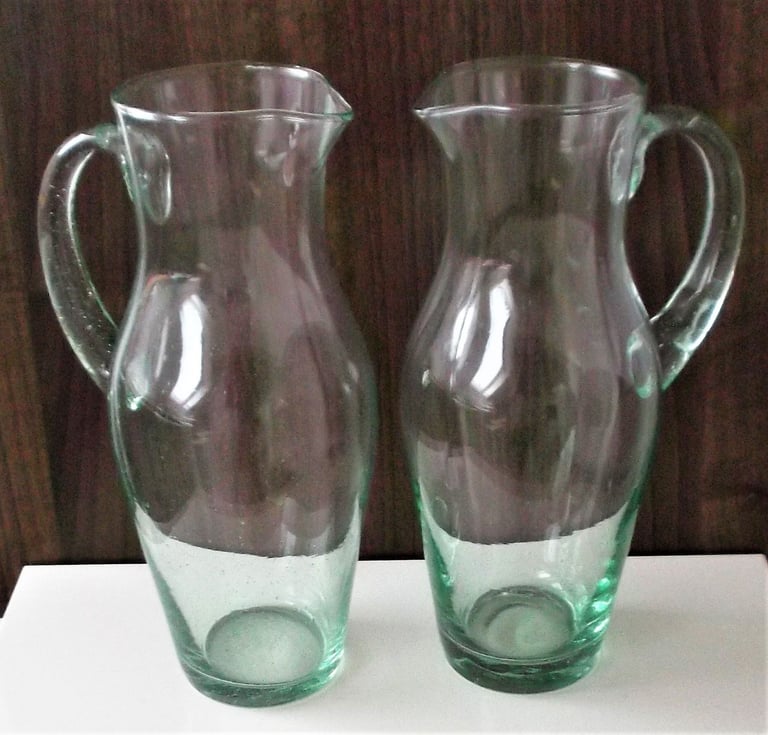 Pair of NEW Green Tinged Tall Glass Juice/Water Jugs