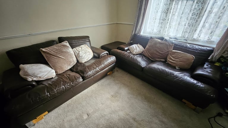 Needs gone ASAP Two Brown Leather 2 & 3 Seater Sofa with Footstool