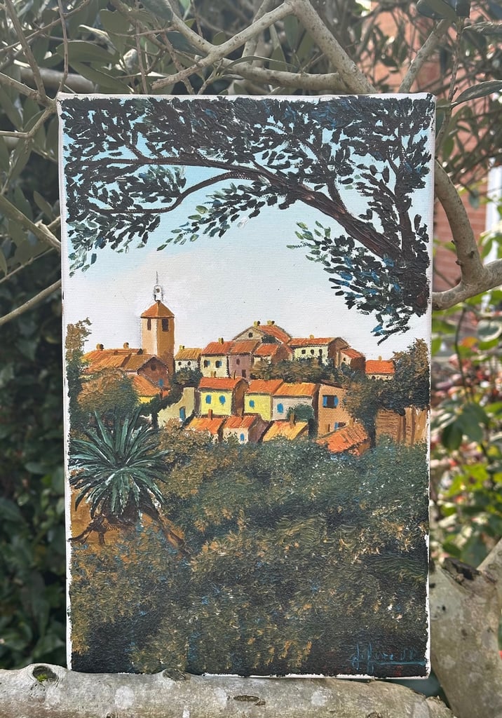 image for VINTAGE FRENCH OIL PAINTING, OIL ON CANVAS VILLAGE IN PROVENCE, SIGNED - 35x22cm - WILL POST!