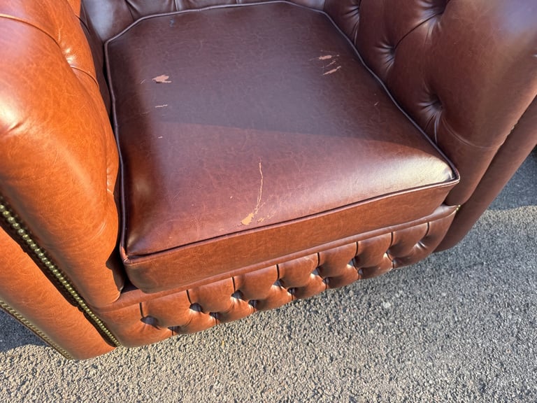 Pair of chesterfield faux brown leather club armchairs 