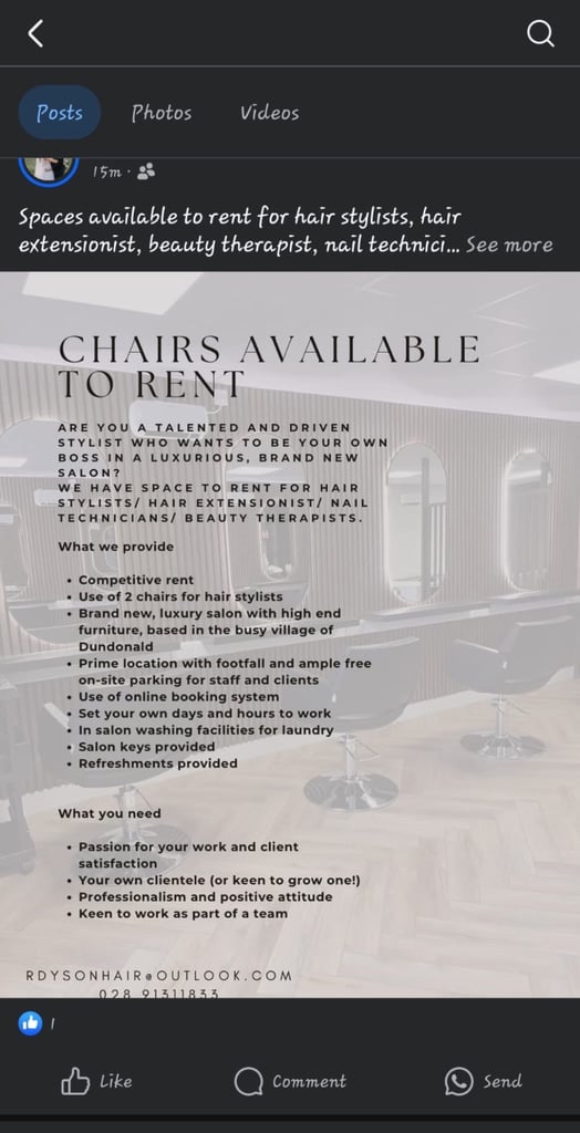 Hairdressing chairs to rent/ nail bar to rent/ beauty room to rent