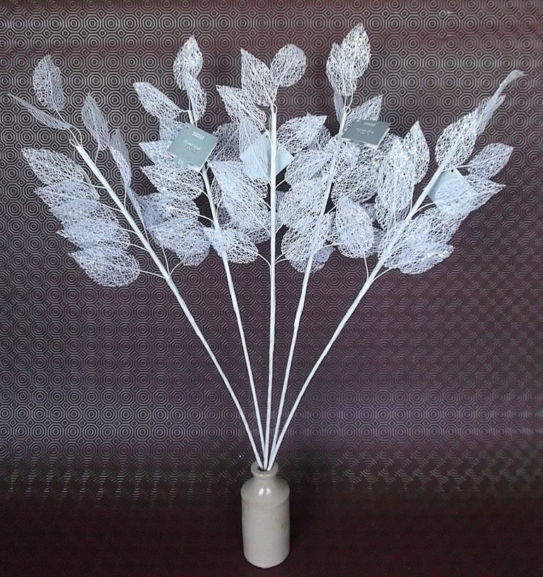 image for 5 NEW Marks & Spencer White & Silver Frosted Christmas Foliage Stems, 27 Inches Long