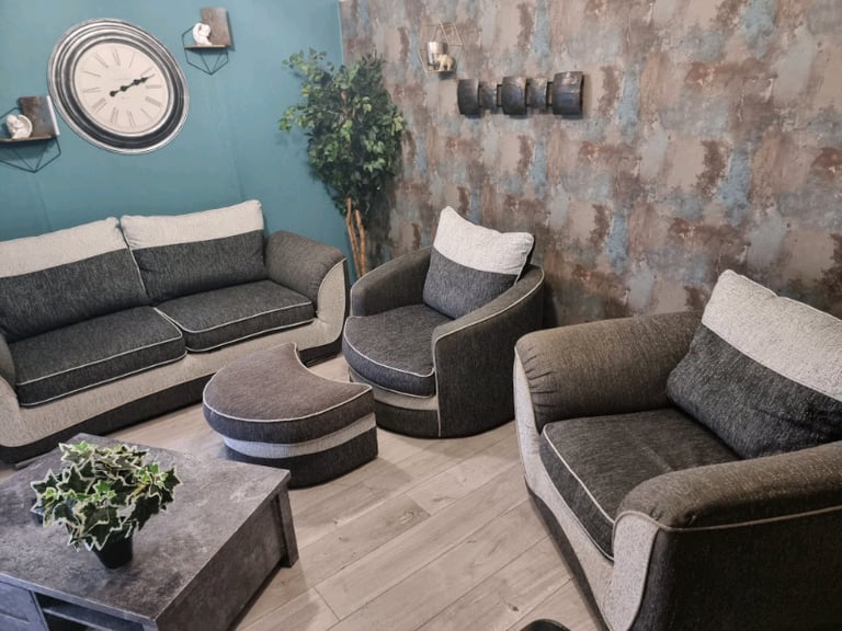 Scs grey fabric 3 seater sofa with swivel chair and arm chair in