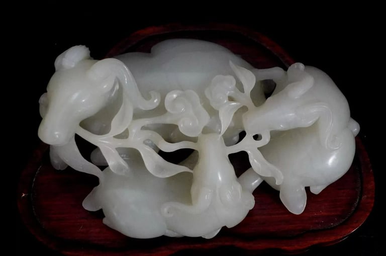 Antique Large & Heavy Chinese Hetain White/G Jade Carved Group "3 Rams" 19th C