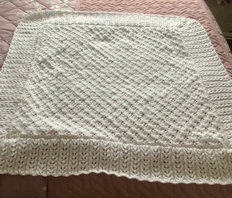 Hand Knitted Baby Shawl/Blanket, White Wool