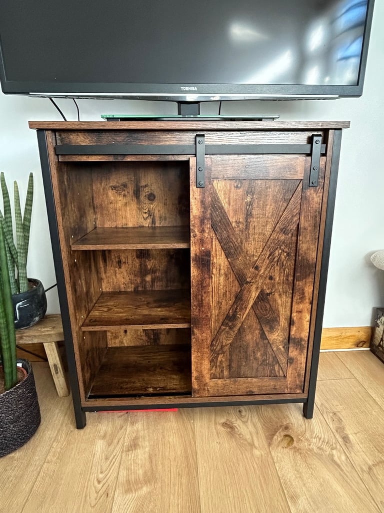 Bookcase / Tv stand with sliding barn door - excellent condition