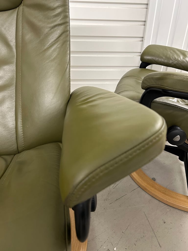 Ekornes Stressless Medium Signature Wing Dark Olive Leather Chairs & Footstool