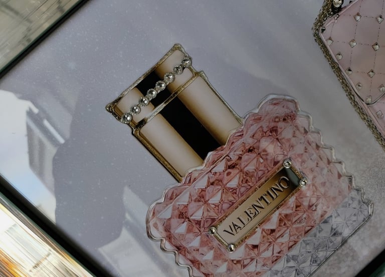 Valentino 3D Perfume Bottle Liquid Glitter Art Picture in Mirror frame