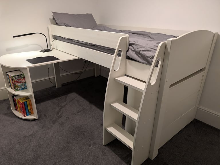 image for Kids Single white Mid Sleeper Cabin Bed Drawers and Desk