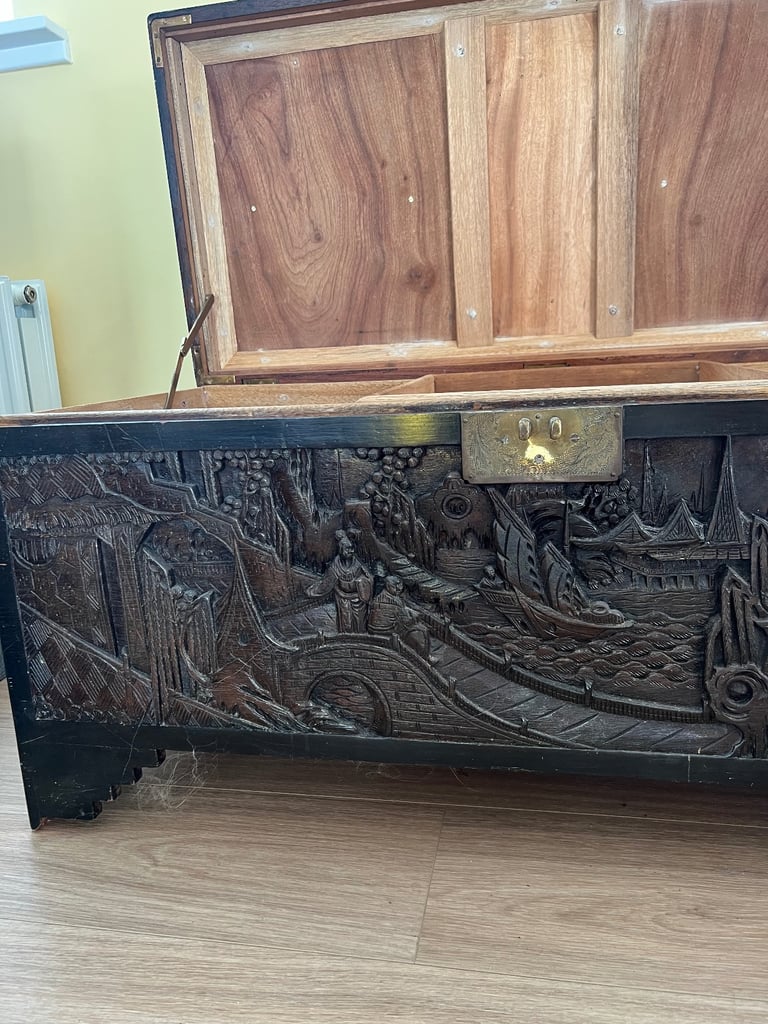 Carved Chinese camphor wood chest