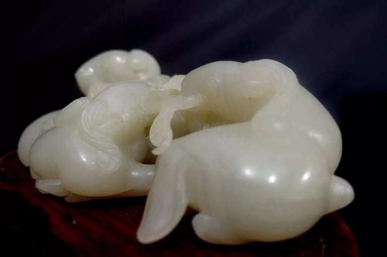 Antique Large & Heavy Chinese Hetain White/G Jade Carved Group "3 Rams" 19th C