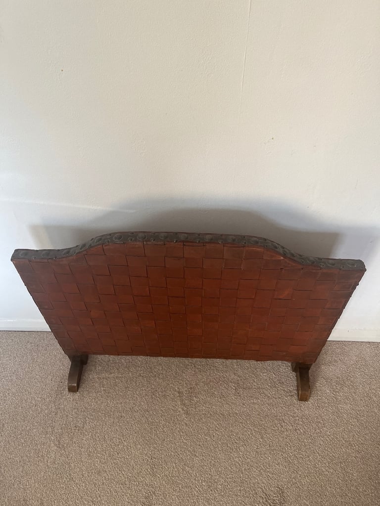 Arts and Crafts Oak and Woven Studded Leather Fire Screen. 