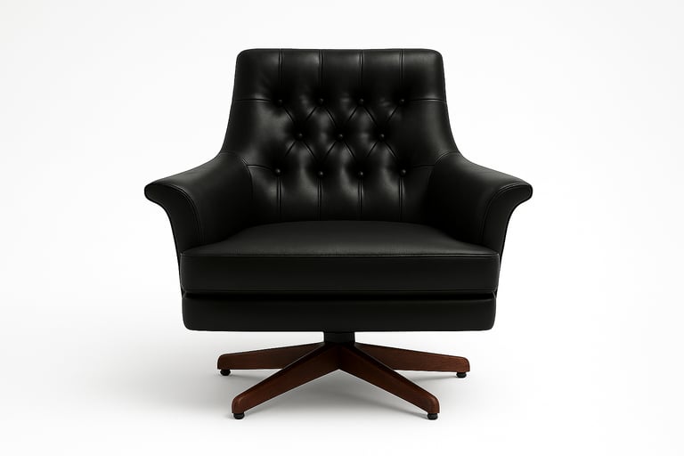 image for Vintage 1970s Black Leather Swivel Armchair – Tufted Button Back, Excellent Condition