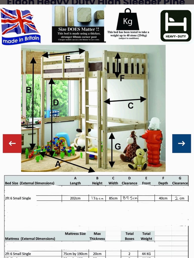 Eldon 2ft 6 small single Heavy Duty Solid Pine High Sleeper Bunk Bed