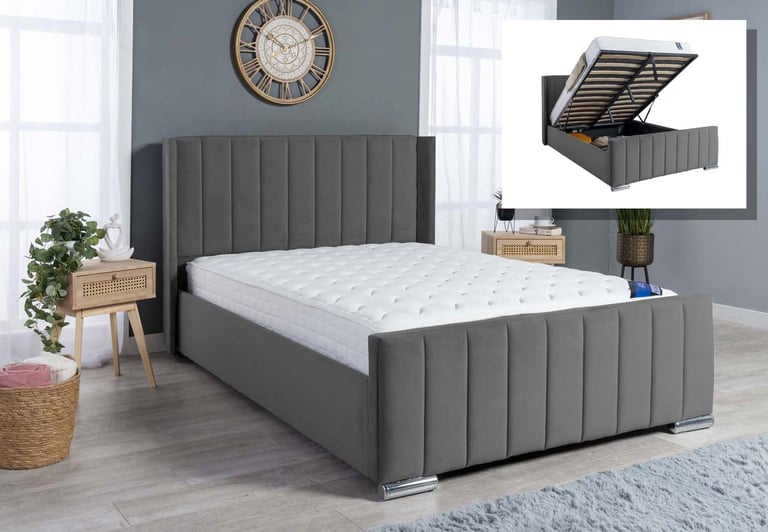 NEW OTTOMAN PANEL WING PLUSH VELVET UPHOLSTERED BED FRAME DOUBLE & KING SIZE