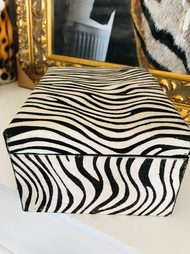 NEW ZEBRA PRINT COWSKIN LEATHER JEWELLERY STORAGE BOX