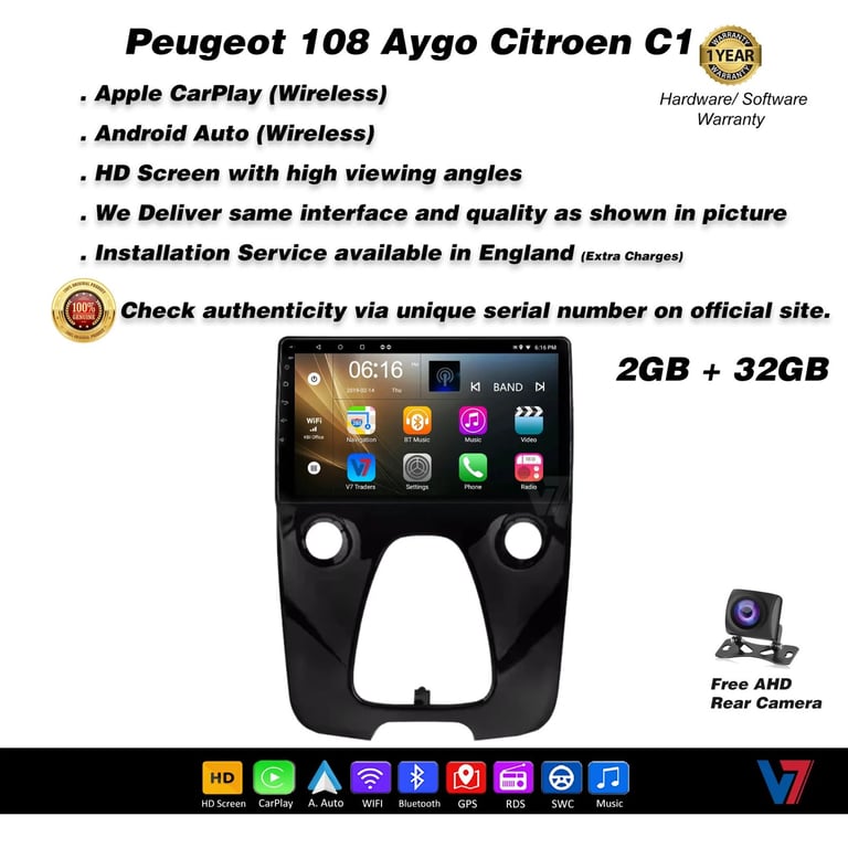Toyota Aygo Peugeot 108 Citroen C1 CARPLAY Android Auto HD Screen Head Unit GPS Stereo LCD Panel V7