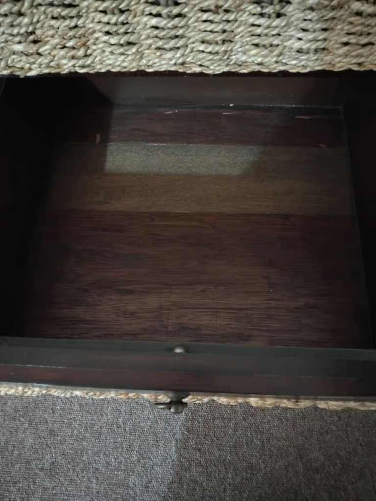 Excellent Quality and Great Condition Heavy Dark Wood and Wicker Chest of Drawers With 6 Drawers