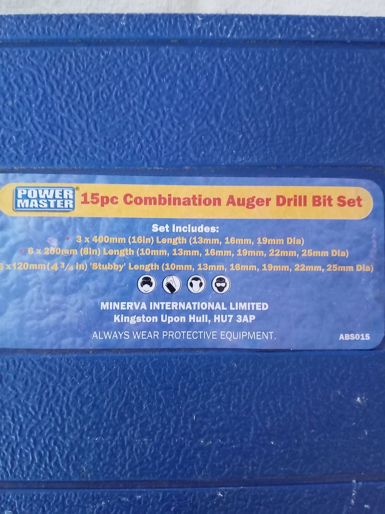 Powermaster 15pc Combination Auger Drill Bit Set in carrying case 