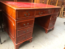 Vintage retro large red wooden antique executive work desk table 
