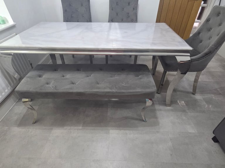 Louis Marble Dining Table + 4 Lion Knocker Chairs + Bench