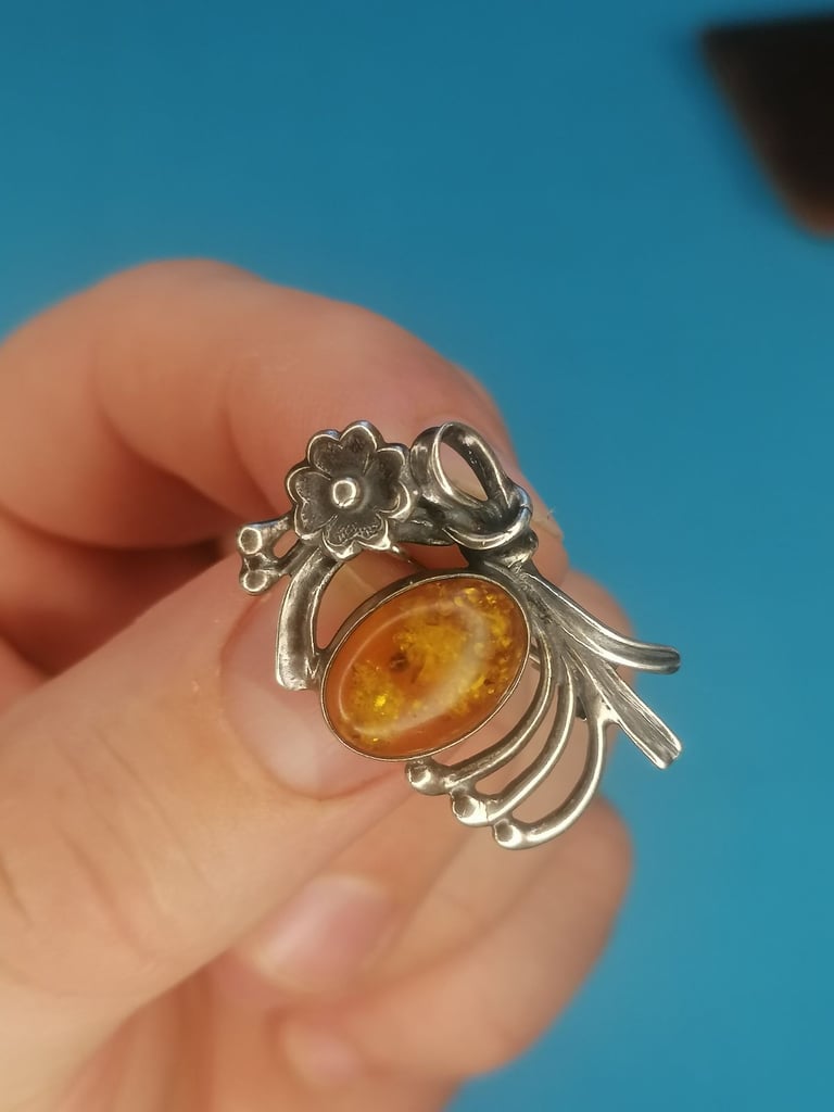 A Lovely Vintage Silver  with Baltic see Amber stone Brooch.  