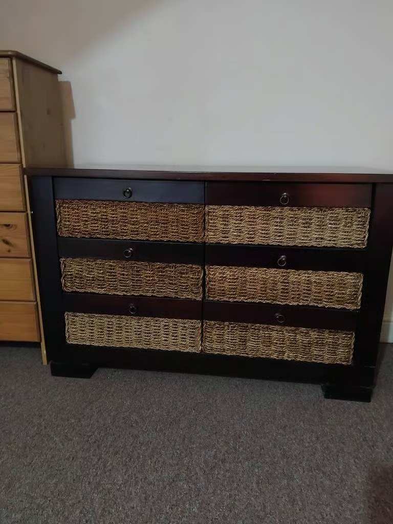 image for Excellent Quality and Great Condition Heavy Dark Wood and Wicker Chest of Drawers With 6 Drawers