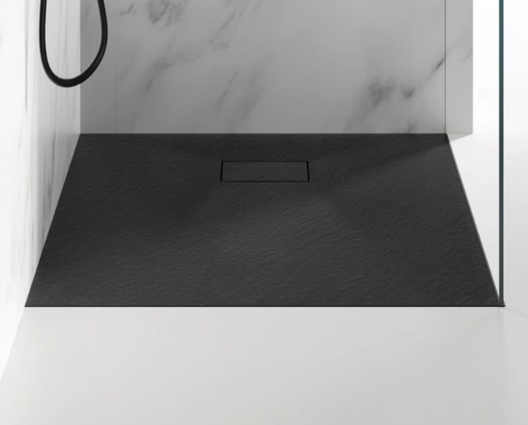 900mm black shower tray and pivot door