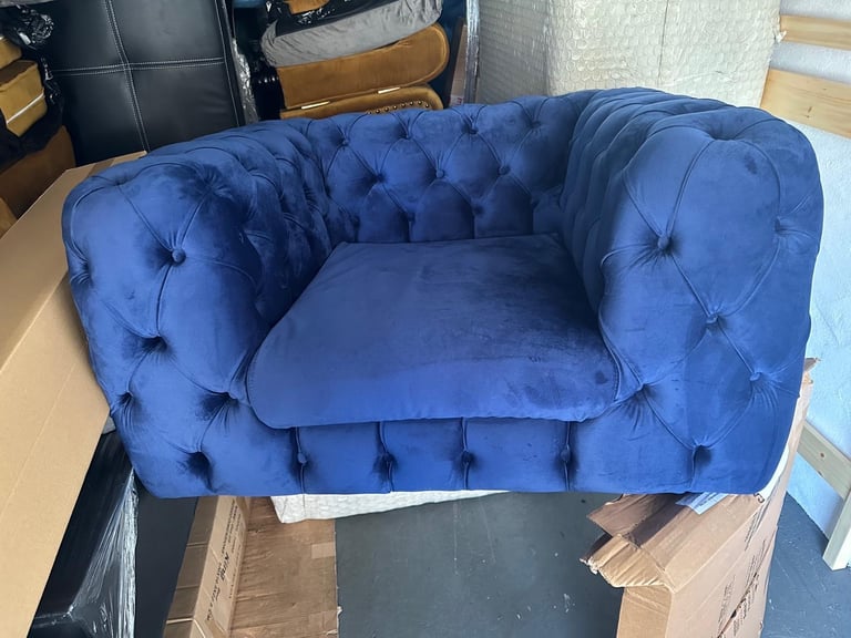 3/1 blue plush velvet chesterfield button sofa set