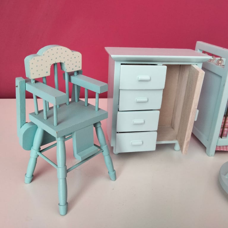 Dolls house blue nursery furniture set including baby head 
