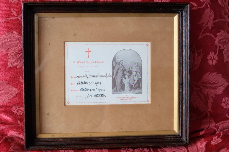 image for Antique baptism certificate in classic Edwardian oak frame with gilt slip