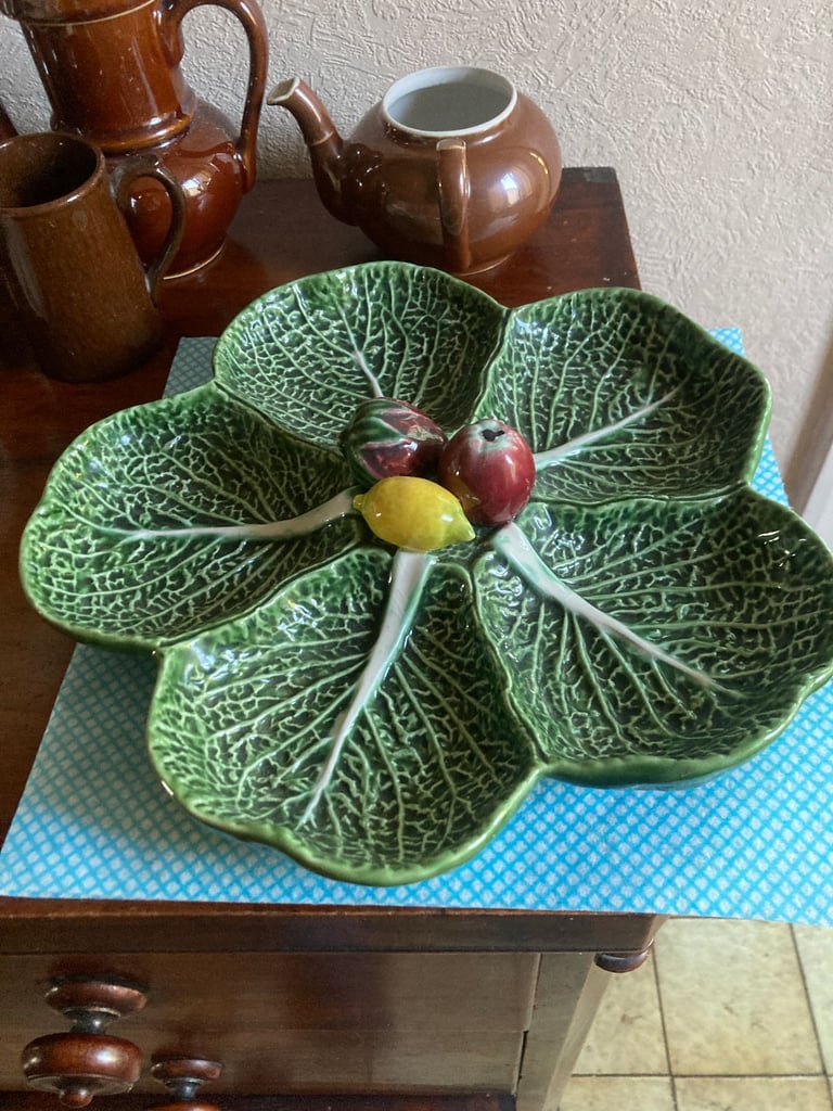 Vintage Majolica Cabbage Leaf Serving Plate With Fruit reasonable offers accepted