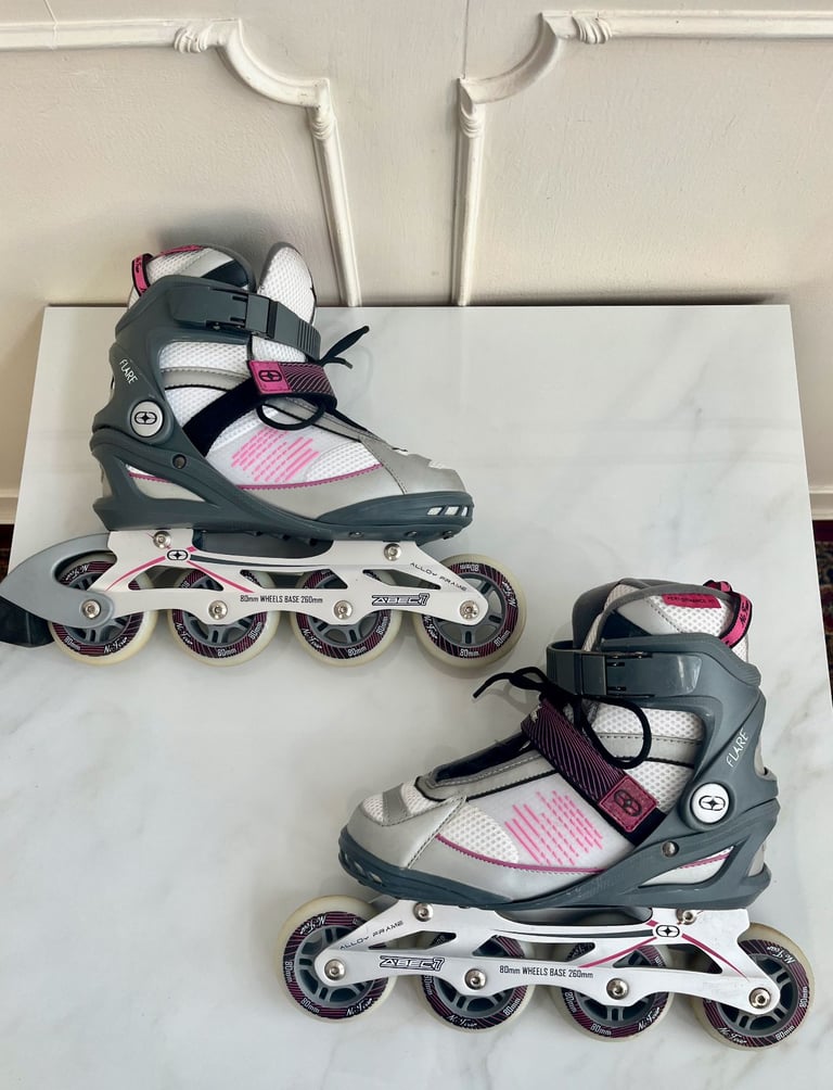 image for NO FEAR Grey Pink Flare Abec 7 Alloy Frame 80mm Wheels Inline Skates Size 5