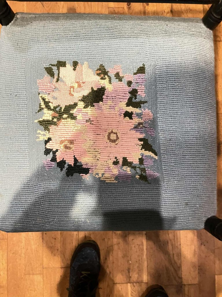 Lovely Antique Bobbin Corner Chair with a fabric embroidered top.