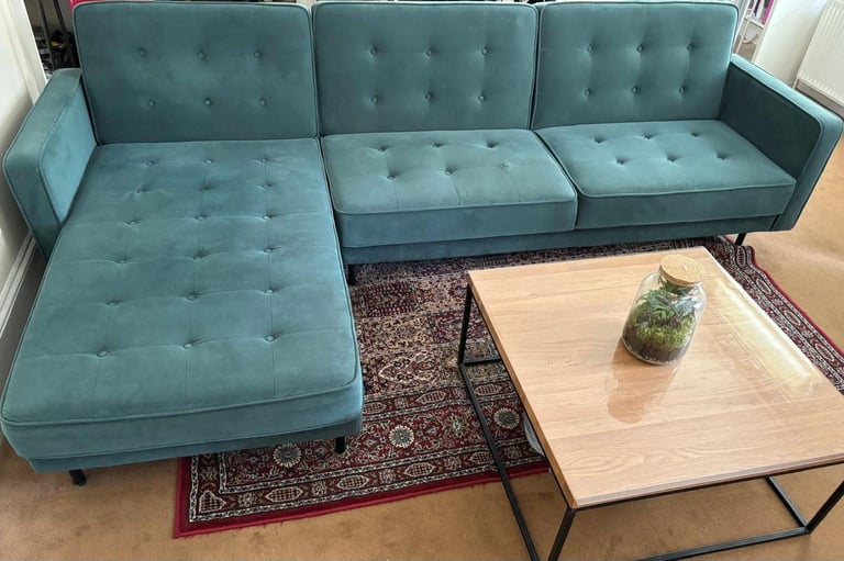Rosslyn left hand facing sofa bed from Made in woodland green, velvet