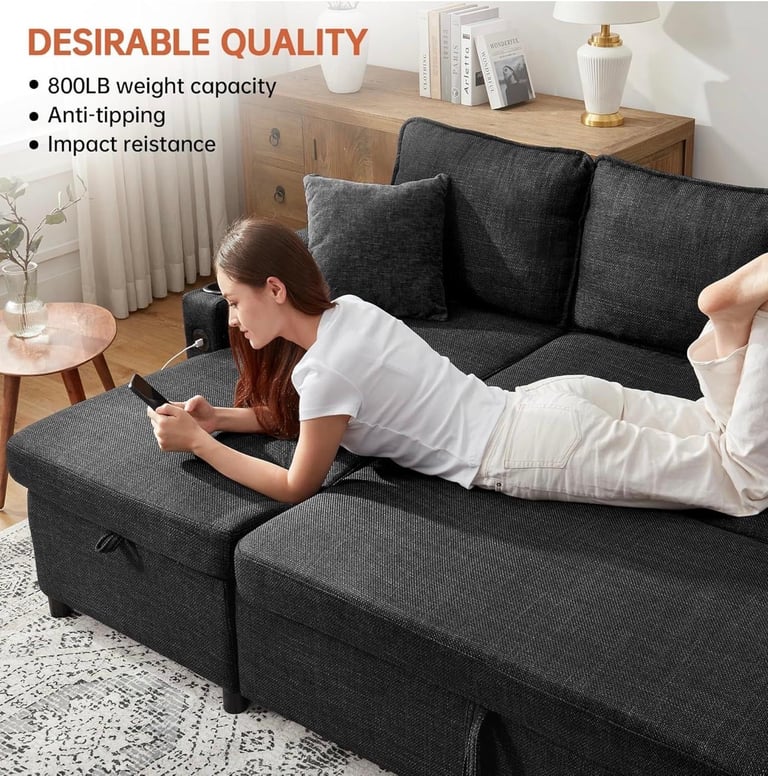 Luxury. All-in-One Sofa Bed with USB, Cupholders, Ottoman & Storage Armrests.