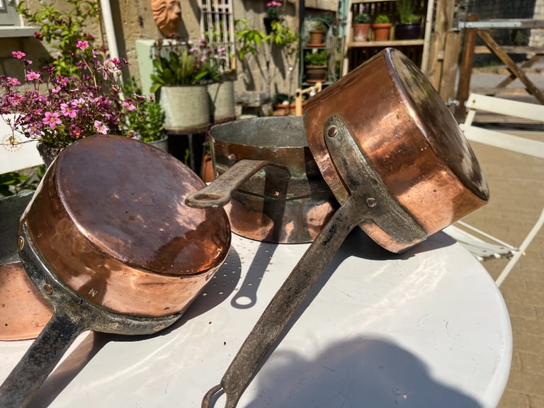 4 Antique French Copper Saucepans with Hand Forged Iron Handles