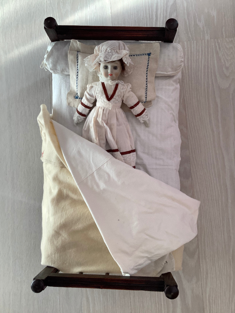 image for 1950-60s vintage French doll complete with handmade bed - made by Glasgow Dough School student 
