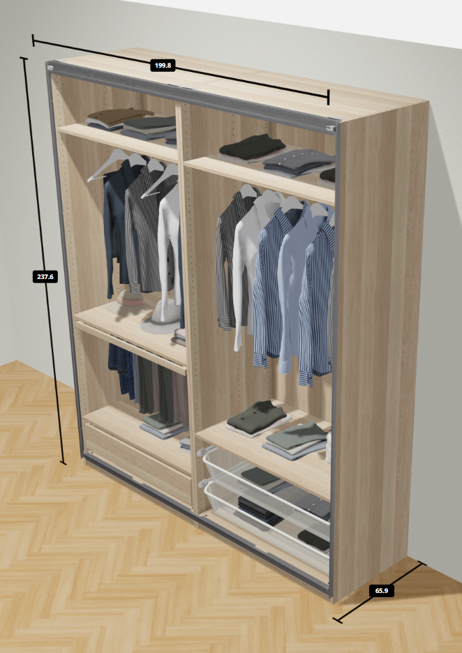 LARGE IKEA PAX White Oak Wardrobe, 2 Hang Rail, 5 Shelf & 3 wire drawers, 200x236 FREE DELIVERY 038