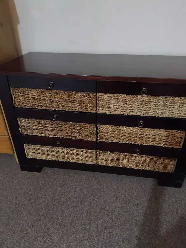 Excellent Quality and Great Condition Heavy Dark Wood and Wicker Chest of Drawers With 6 Drawers