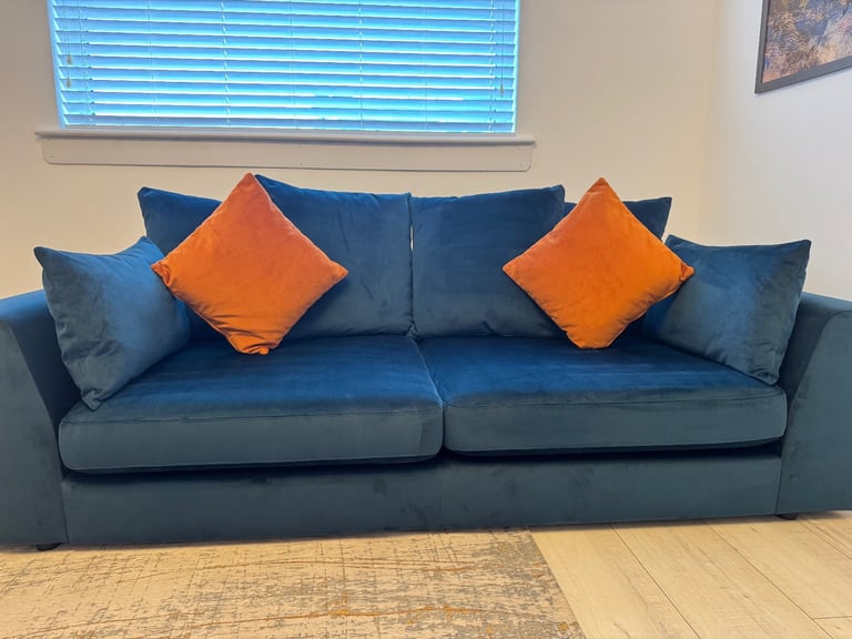 Plush Velvet Dark Blue Pillow Back 3 Seater Sofa, Large Dark Blue Footstool and Orange Accent Chair