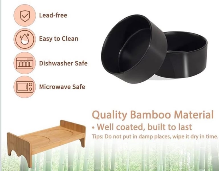 New boxed elevated dog car bowls on wooden bamboo stand 