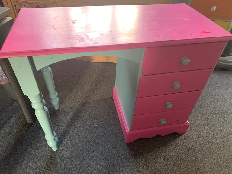 GOOD SOLID WOODEN DESK IN GREY AND PINK